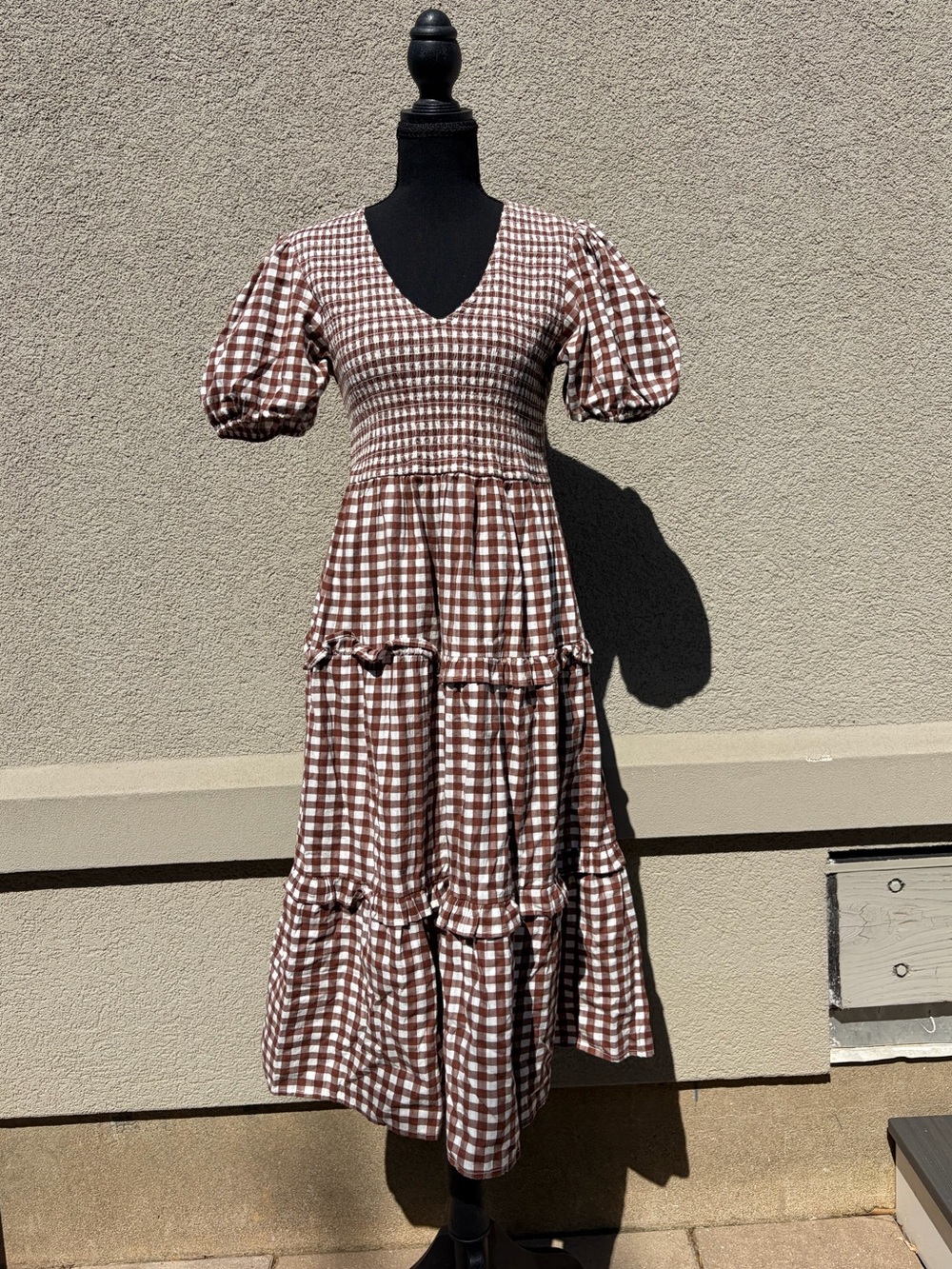 Cottagecore Brown Gingham Tiered Midi Dress